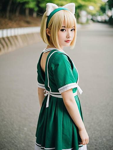 Moriyama Shiemi Cosplay in Green Sailor Dress with Cat Ears