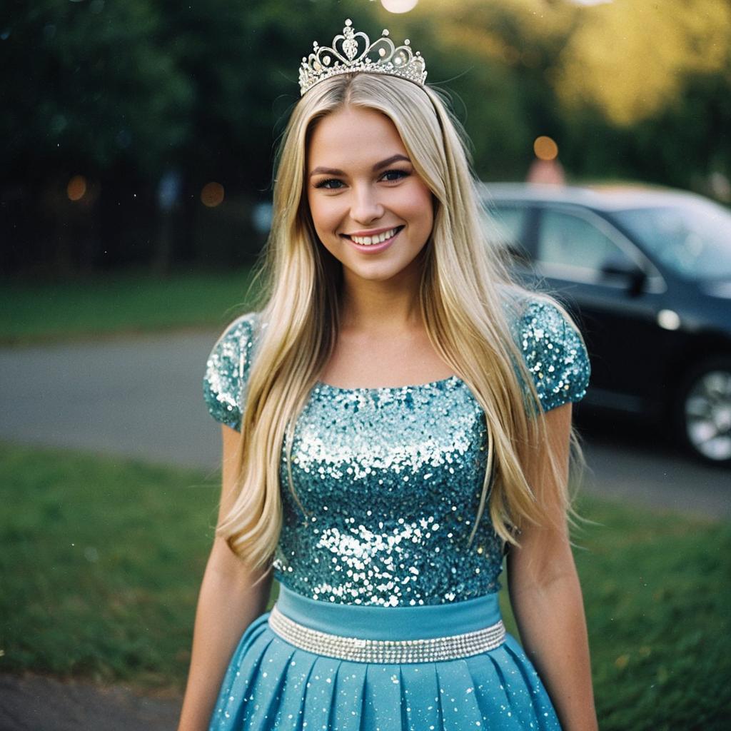Smiling Woman in Blue Sequin Dress with Tiara