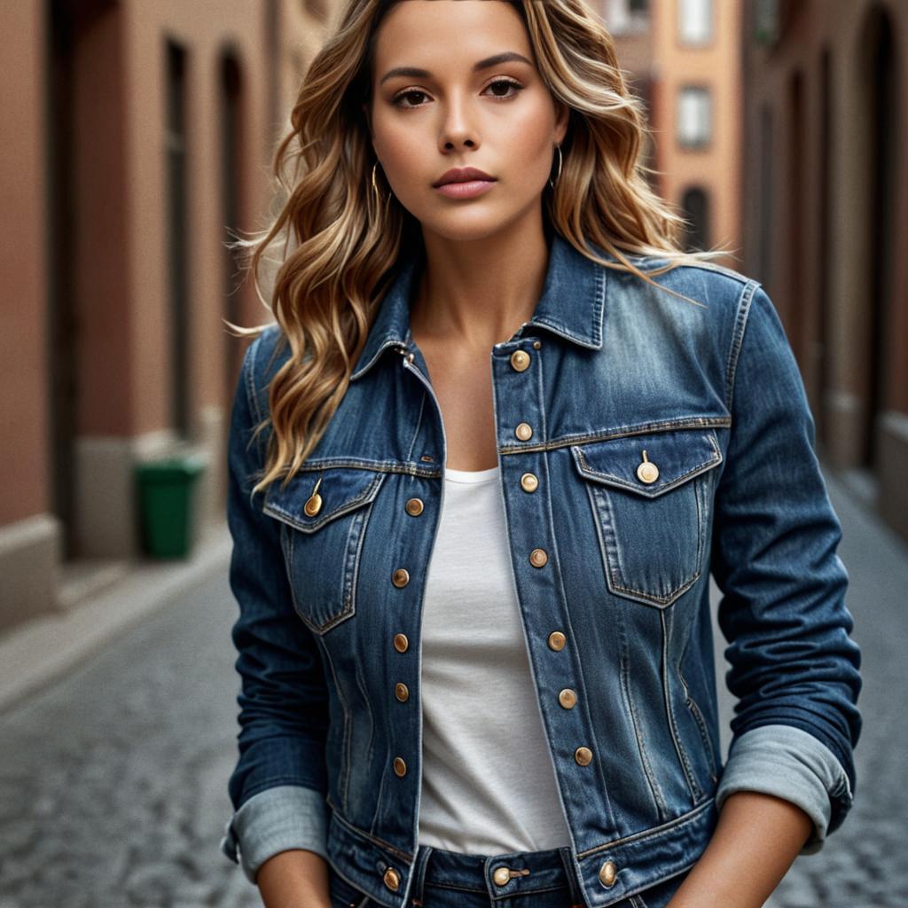 Young Woman in Denim Jacket on Cobblestone Street