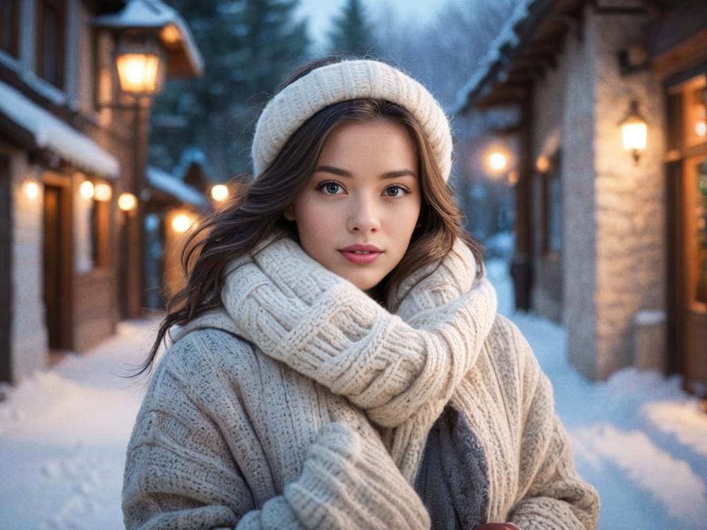 Cozy Winter Portrait of a Young Woman in a Snowy Landscape