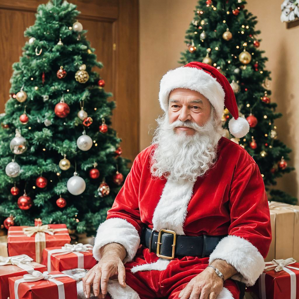 Elderly Man in Santa Outfit Surrounded by Christmas Decor Elderly Man in Santa Outfit Surrounded by Christmas Decor