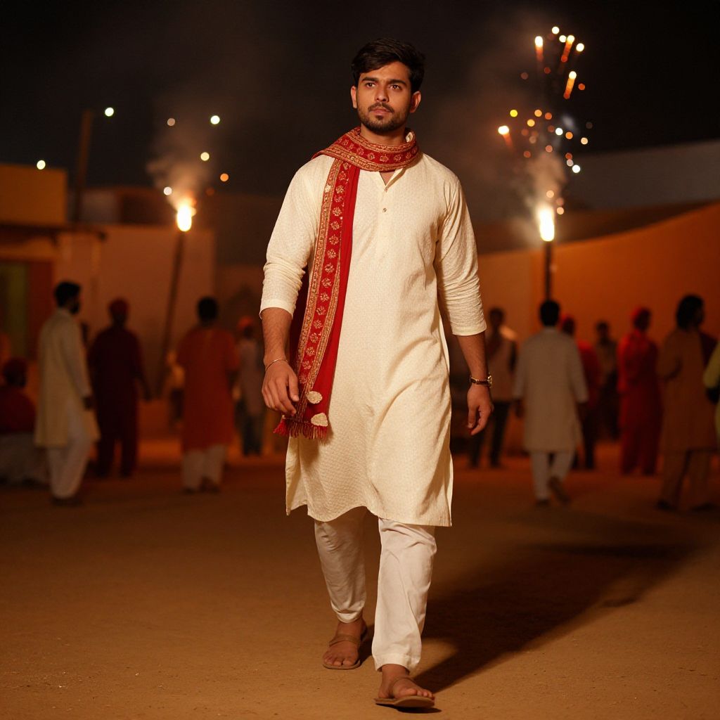 Man in Traditional Indian Kurta and Scarf Walking at Night Festival with Fireworks