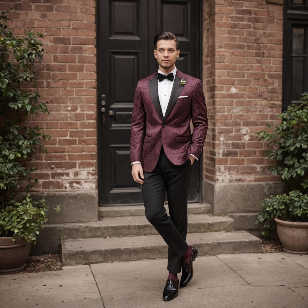 Man in Elegant Burgundy Tuxedo at Brick Building Entrance