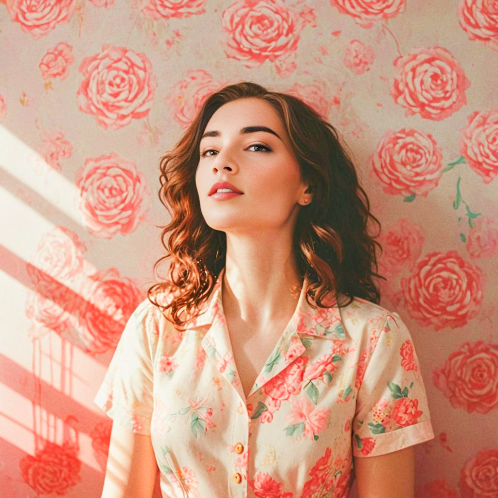 Woman with Curly Hair Against Floral Wallpaper