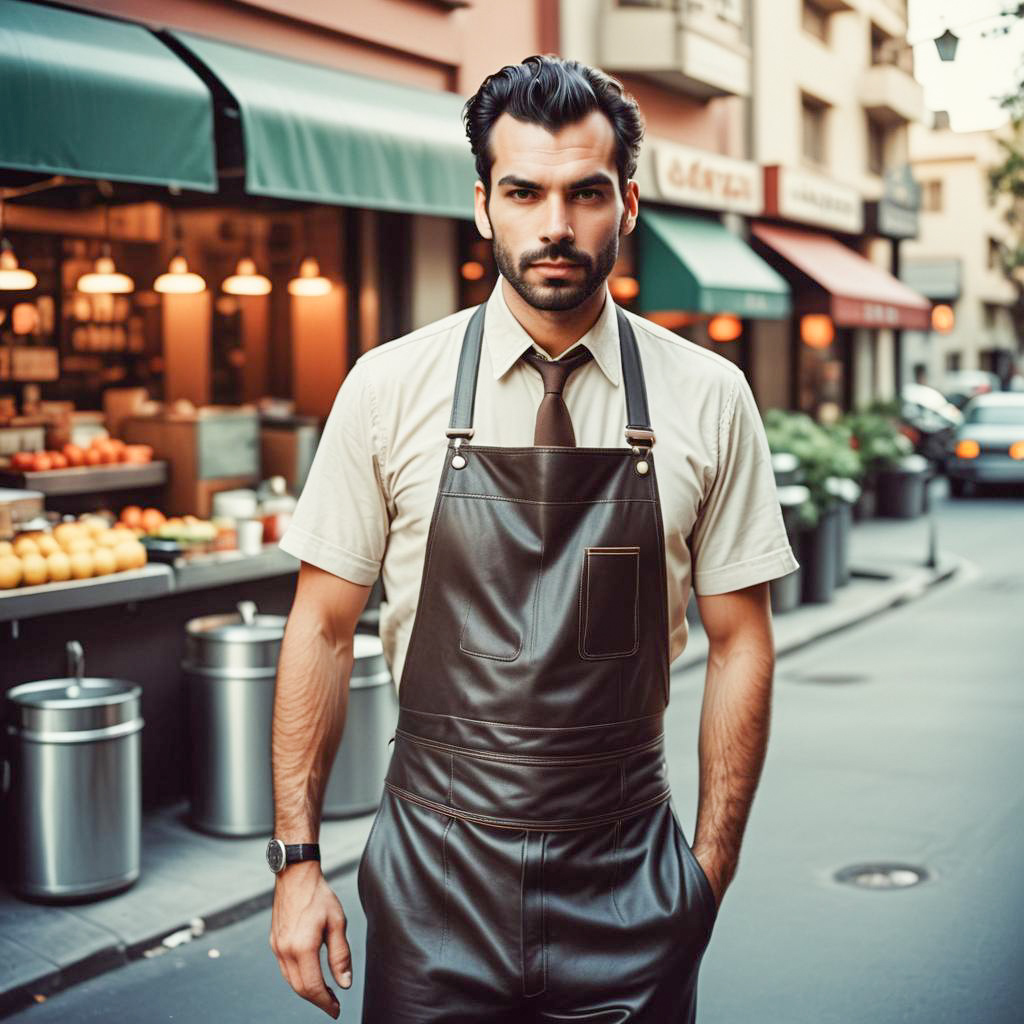 Confident Man in Stylish Apron at Vibrant Market