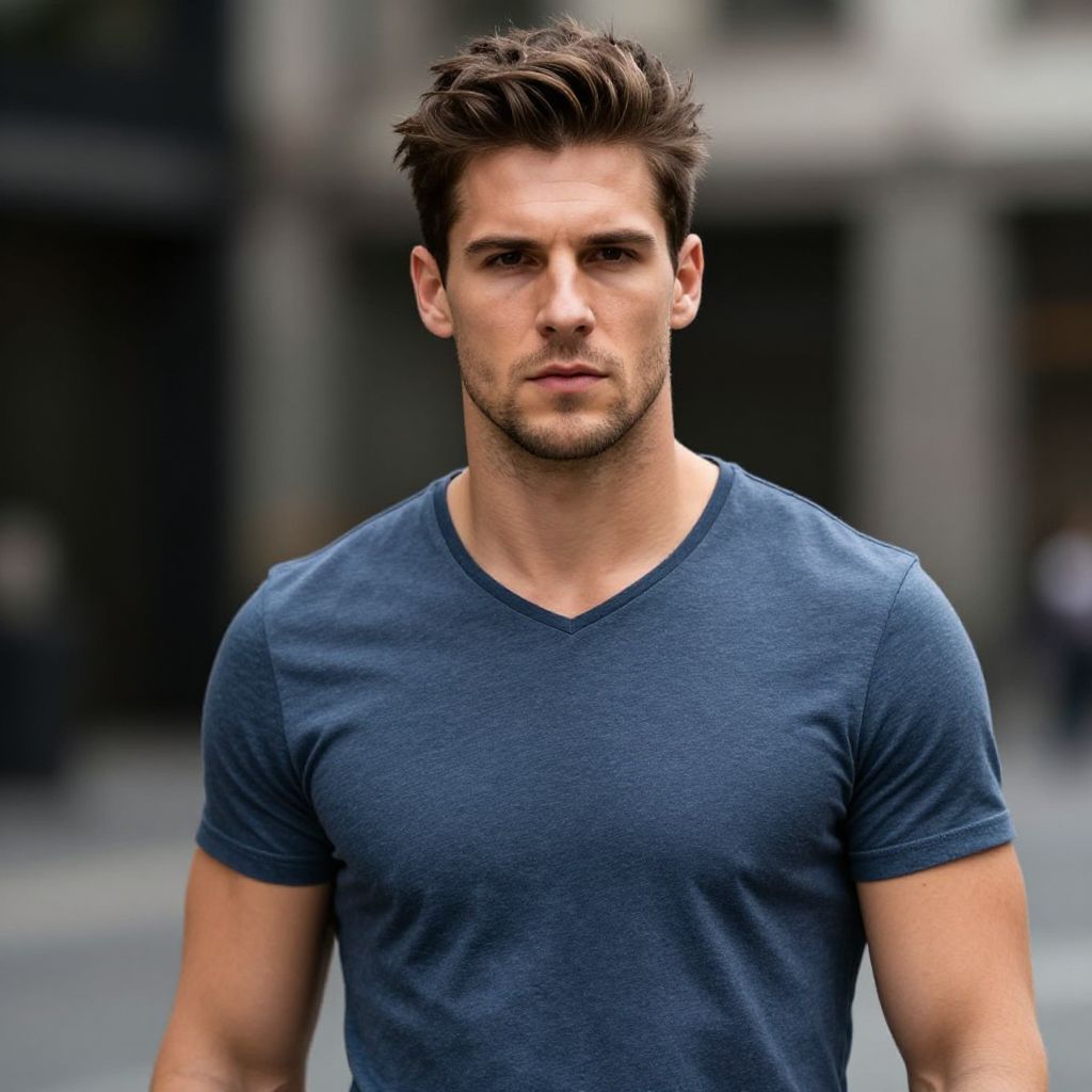 Portrait of Confident Young Man in Blue V-Neck T-Shirt Outdoors