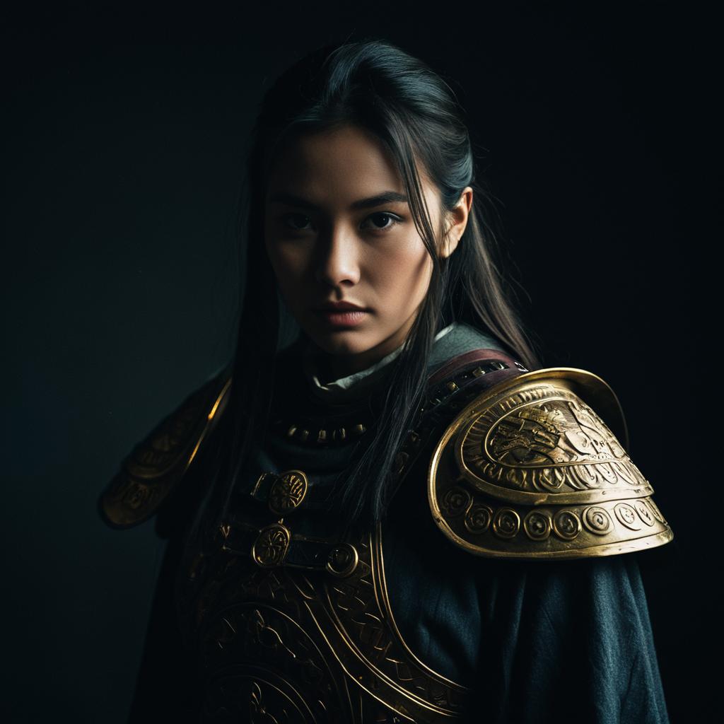 Portrait of Woman in Ornate Golden Armor with Historical Warrior Style