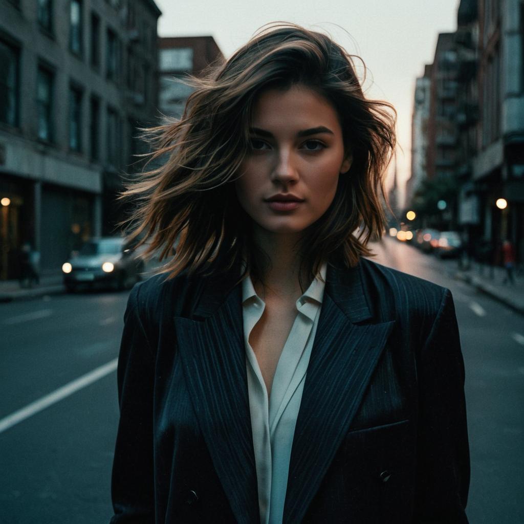 Confident Woman in Pinstripe Blazer on City Street at Dusk