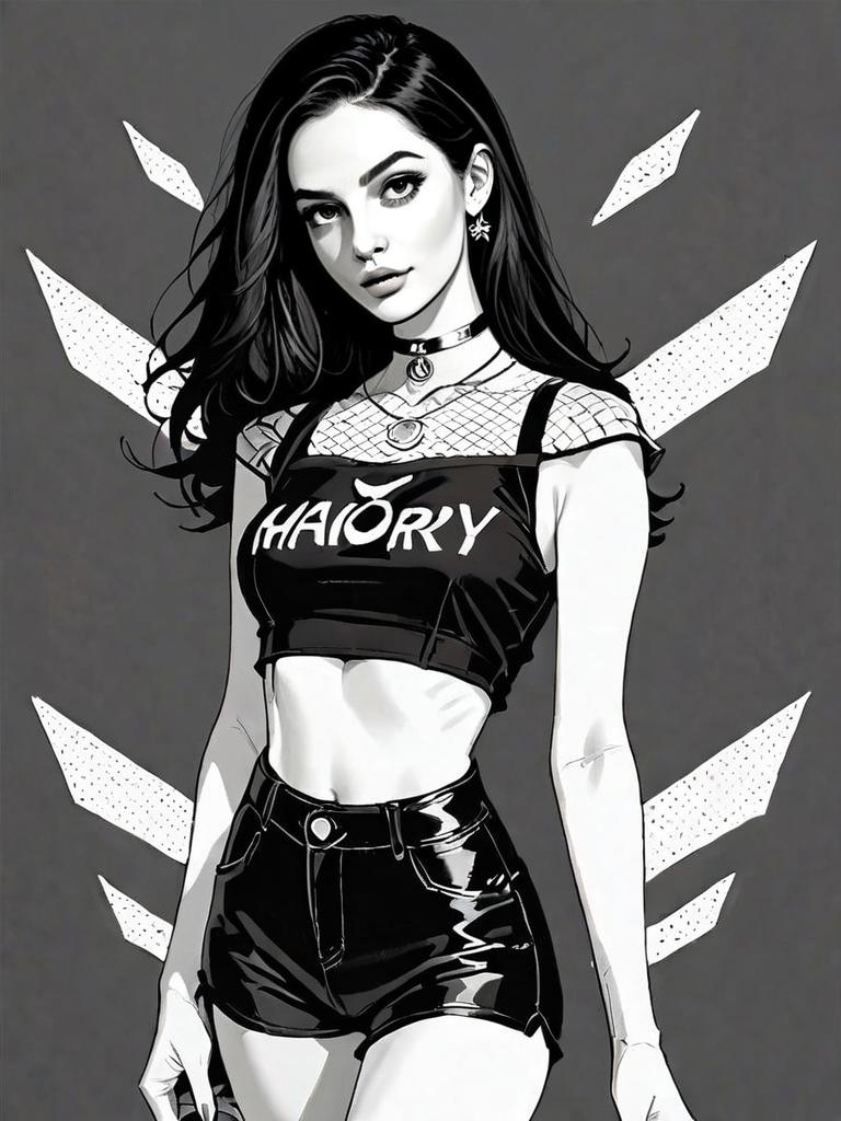 Black and White Realistic Comic Style Portrait of Trendy Woman in Edgy Outfit
