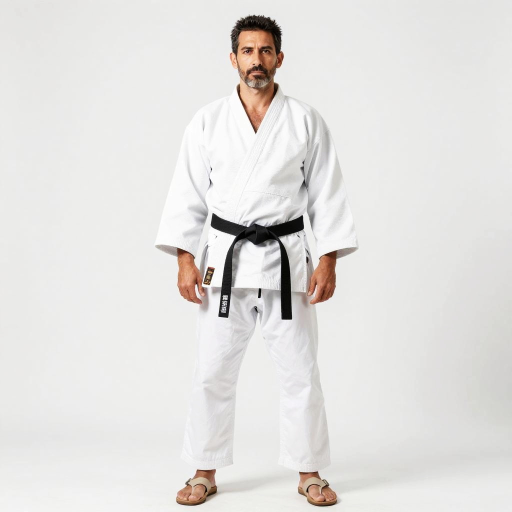 Confident Man Wearing Karate Gi with Black Belt Standing on White Background