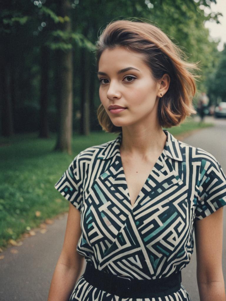 Woman in Bold Geometric Dress Outdoors