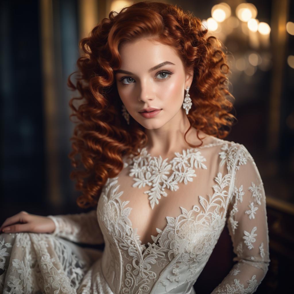 Elegant Woman in Lace Gown with Red Curls