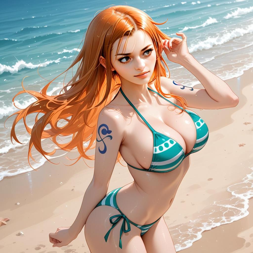 Anime Style Red-Haired Woman in Bikini on Beach Illustration