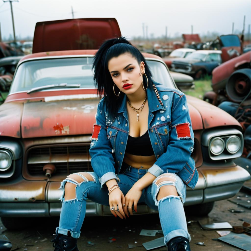 Sassy Woman in Denim on Vintage Car