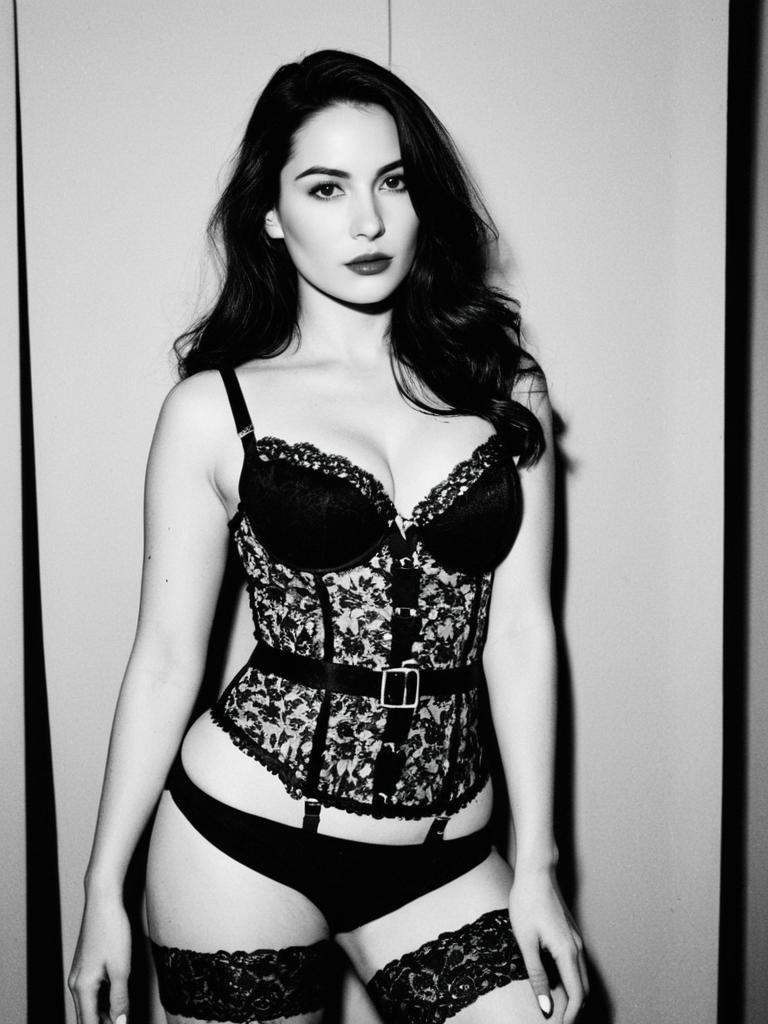 Woman in Black Lace Lingerie Corset and Stockings Fashion Inspired Role Play Costume