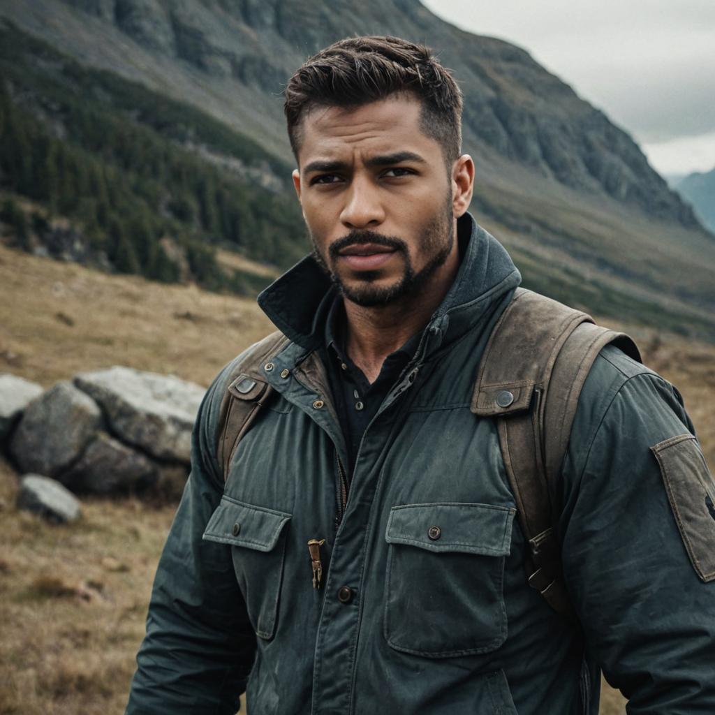 Confident Man in Rugged Outfit Against Mountain Backdrop