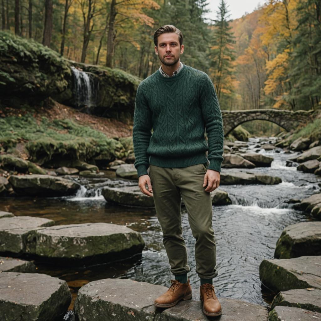 Confident Man on Stepping Stones by Waterfall