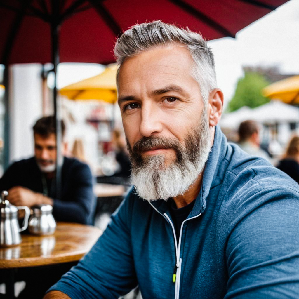 Middle-aged man at outdoor café with colorful umbrellas