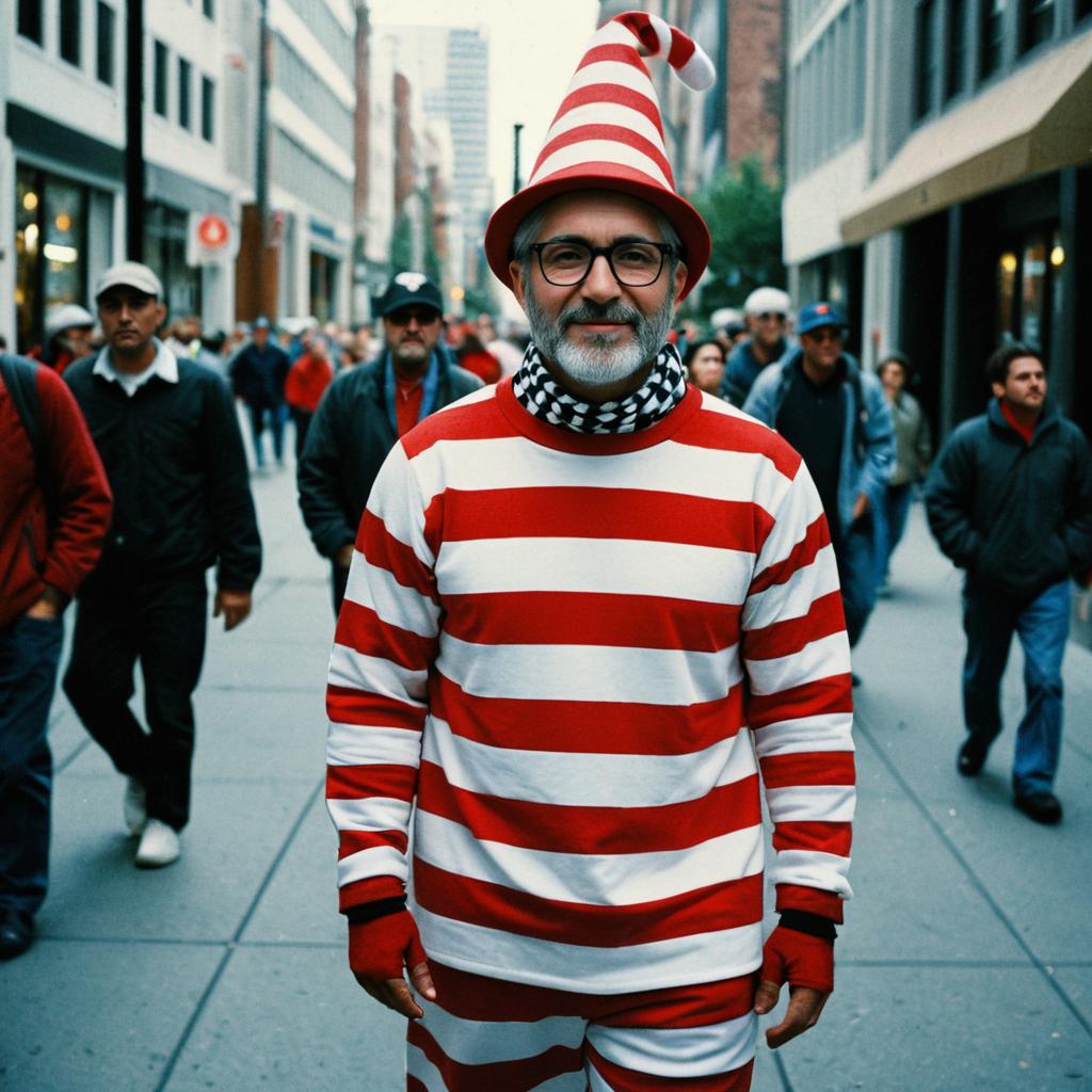 Man in Whimsical Striped Costume on City Street