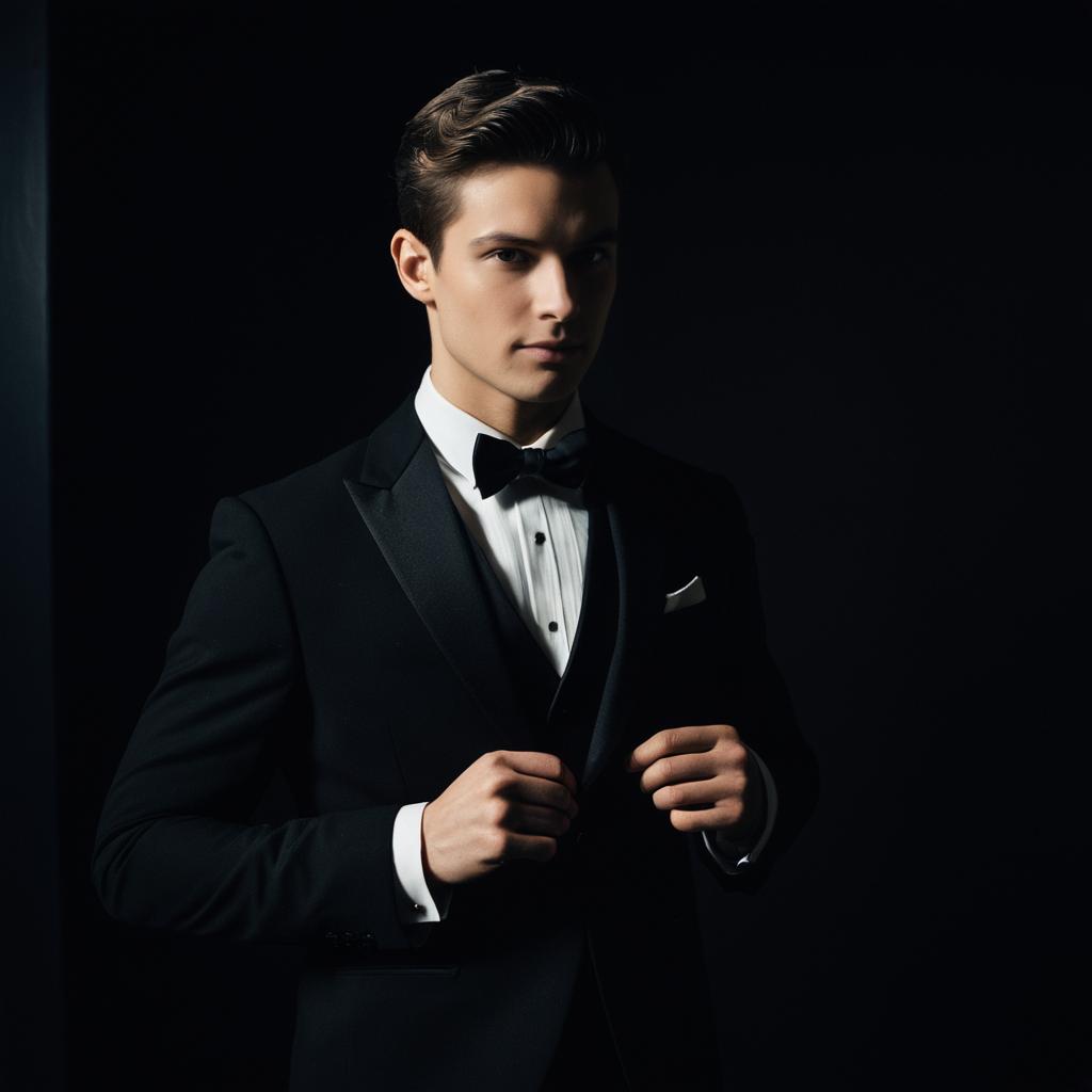 Young Man in Classic Black Tuxedo with Bow Tie Portrait