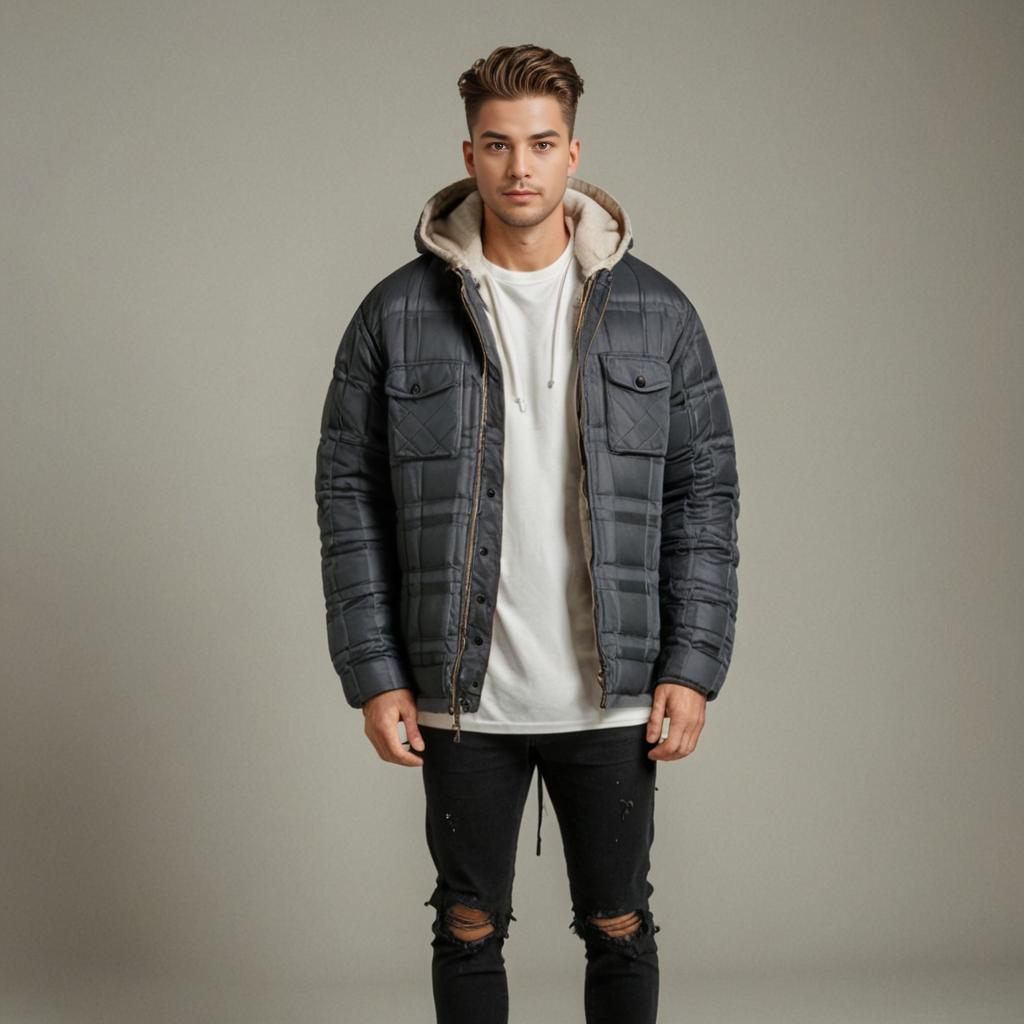 Stylish Young Man in Padded Jacket and Hoodie