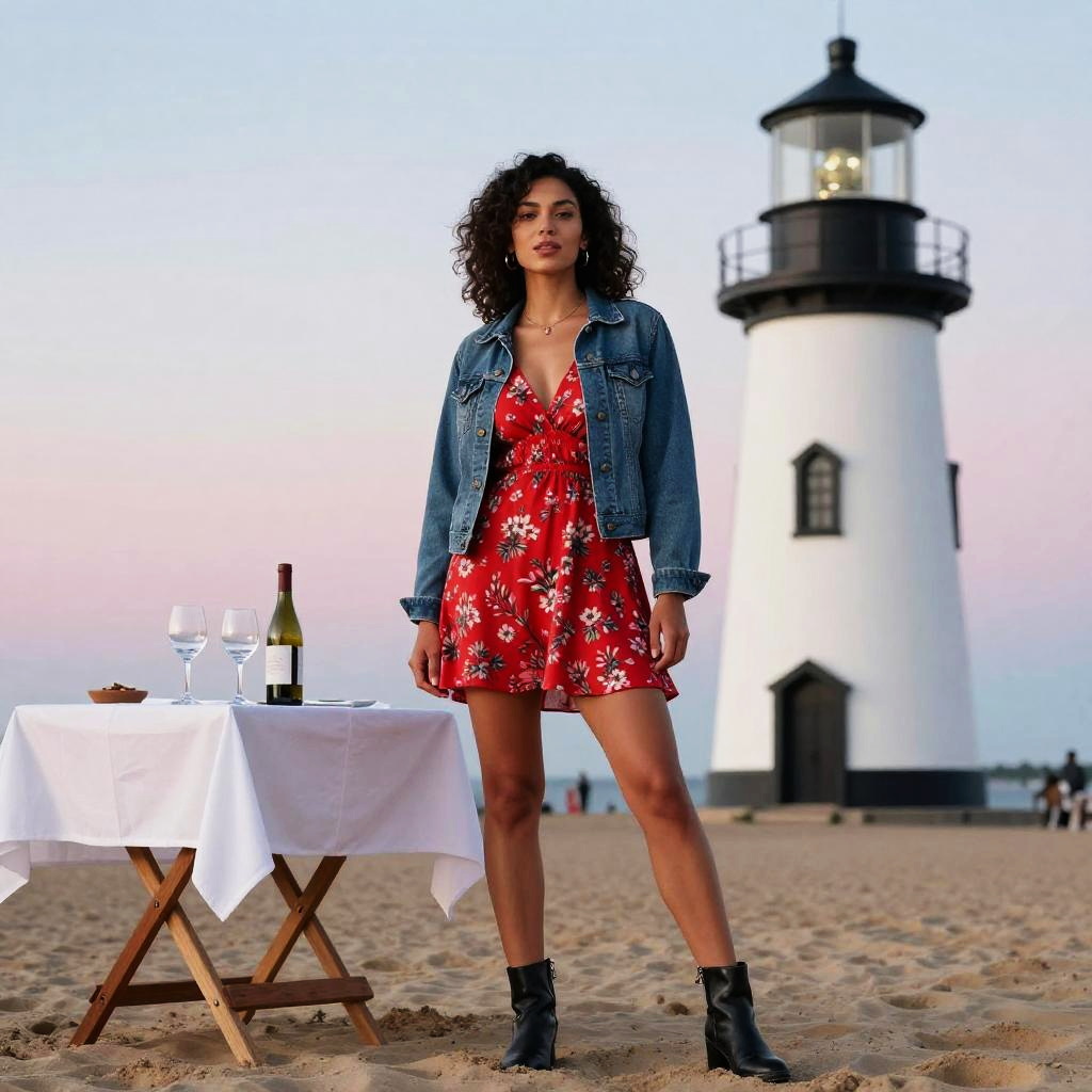 Woman in Red Floral Dress Near Lighthouse on Beach at Sunset