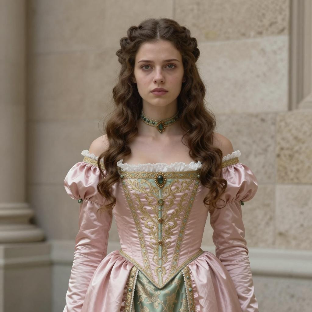 Renaissance Style Woman in Embroidered Pink and Green Gown