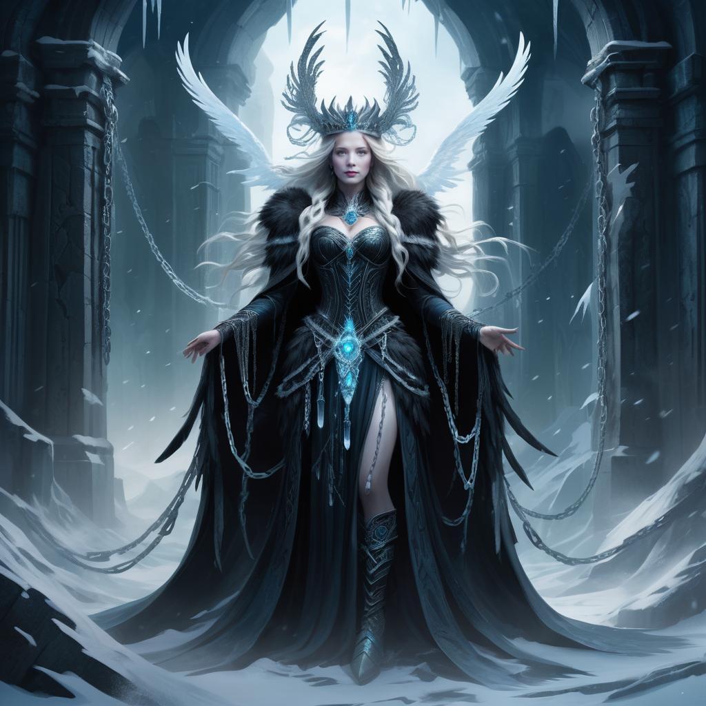 Majestic Woman in Snowy Archway with Ethereal Wings