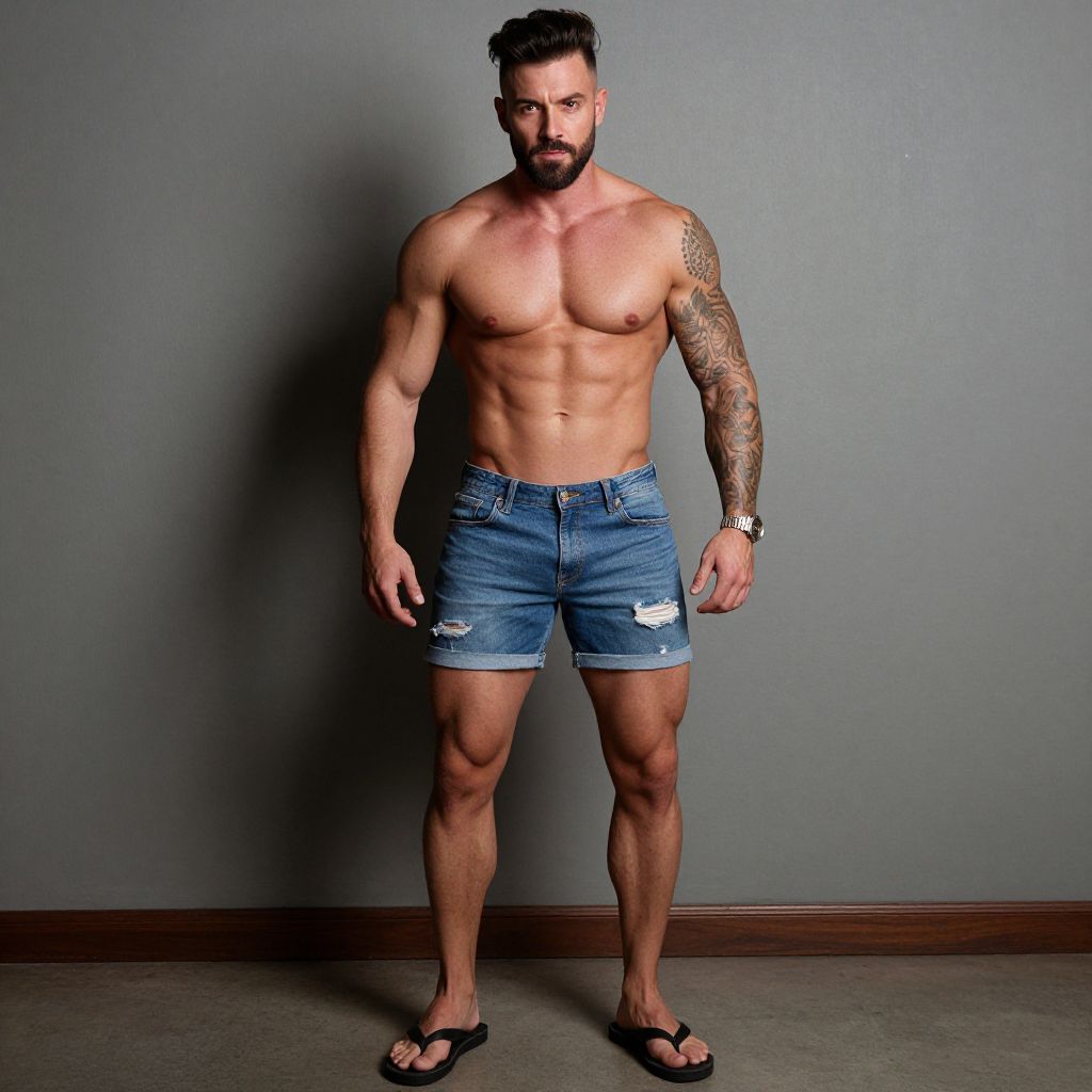 Muscular Man in Ripped Denim Shorts and Flip-Flops Standing Against Gray Wall