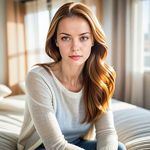 Young Woman with Reddish-Blonde Hair in Cozy Room