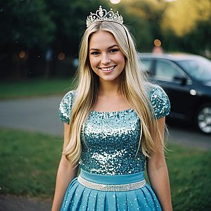 Smiling Woman in Blue Sequin Dress with Tiara