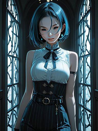 Digital Illustration of Woman with Blue Hair in Dark Illustrious Corset Dress