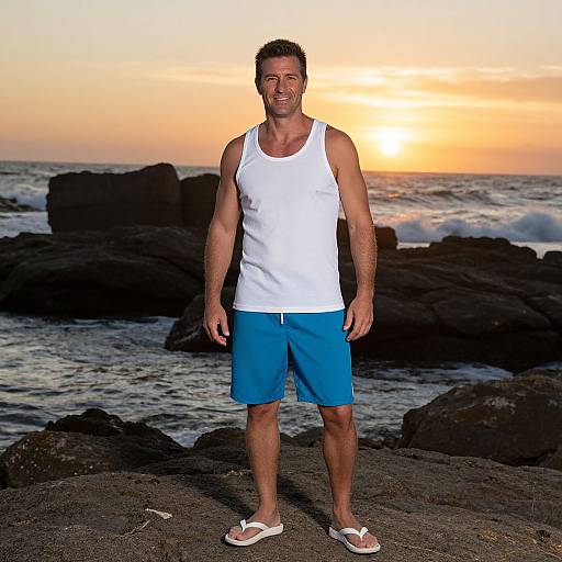 Man Standing on Rocky Shore at Sunset Wearing Casual Beachwear