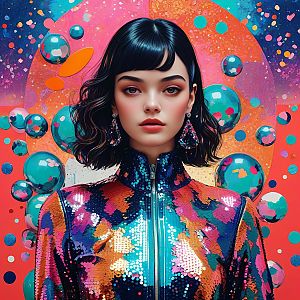 Portrait of Young Woman in Sequin Jacket with Abstract Background
