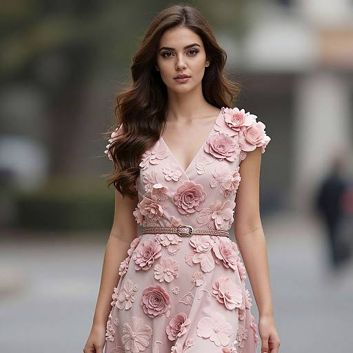 Elegant Woman Wearing Pink Floral Appliqué Dress in Outdoor Setting