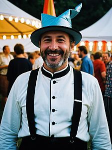 Smiling Man in Bavarian Supper Costume at Outdoor Festival