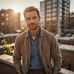 Confident Young Man on Urban Rooftop at Golden Hour