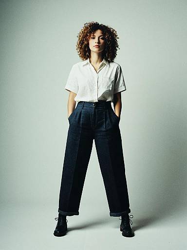 Woman with Curly Hair Standing in High-Waisted Jeans and White Shirt Full Body Editorial Portrait