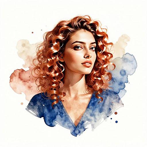 Watercolor Portrait of Red Haired Woman with Curly Hair in Blue Top