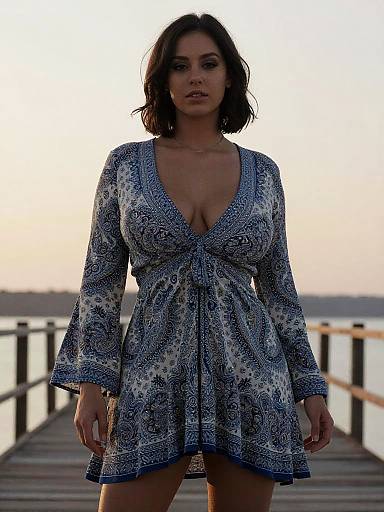 Pear-Shaped Woman in Bohemian Loose-Fitting Blue Paisley Dress on Pier at Sunset