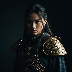 Portrait of Woman in Ornate Golden Armor with Historical Warrior Style