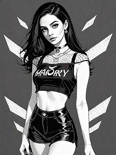 Black and White Realistic Comic Style Portrait of Trendy Woman in Edgy Outfit