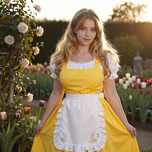 Young Woman in Yellow Vintage Dress and White Apron in Garden at Sunset