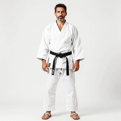 Confident Man Wearing Karate Gi with Black Belt Standing on White Background