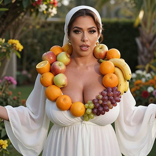 Woman Wearing Large Fruit Necklace in White Dress Outdoors