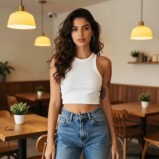Confident Gen Z Woman in White Crop Top and Blue Jeans in Modern Café