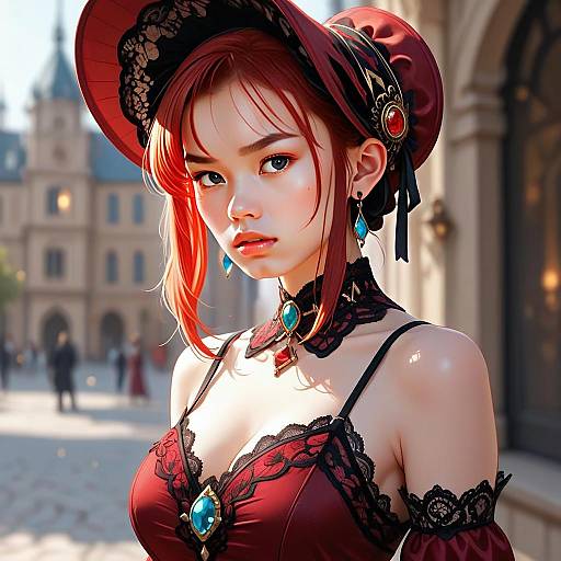 Victorian Style Woman in Red and Black Lace with Turquoise Jewelry Illustration