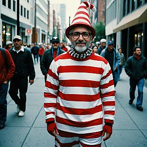 Man in Whimsical Striped Costume on City Street