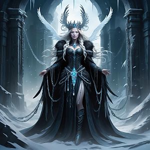 Majestic Woman in Snowy Archway with Ethereal Wings