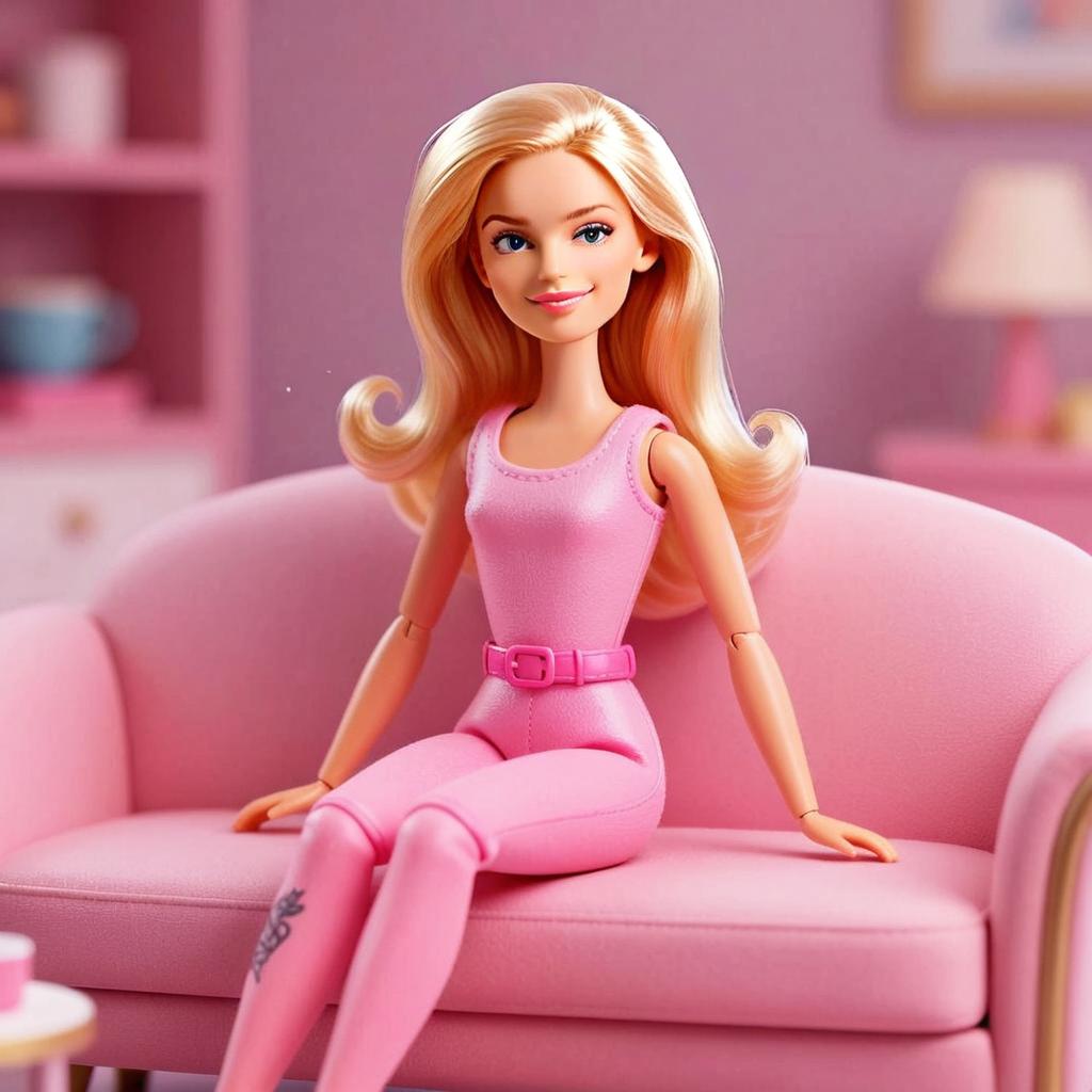 Gen Z Woman Doll Sitting on Pink Sofa in Stylish Outfit
